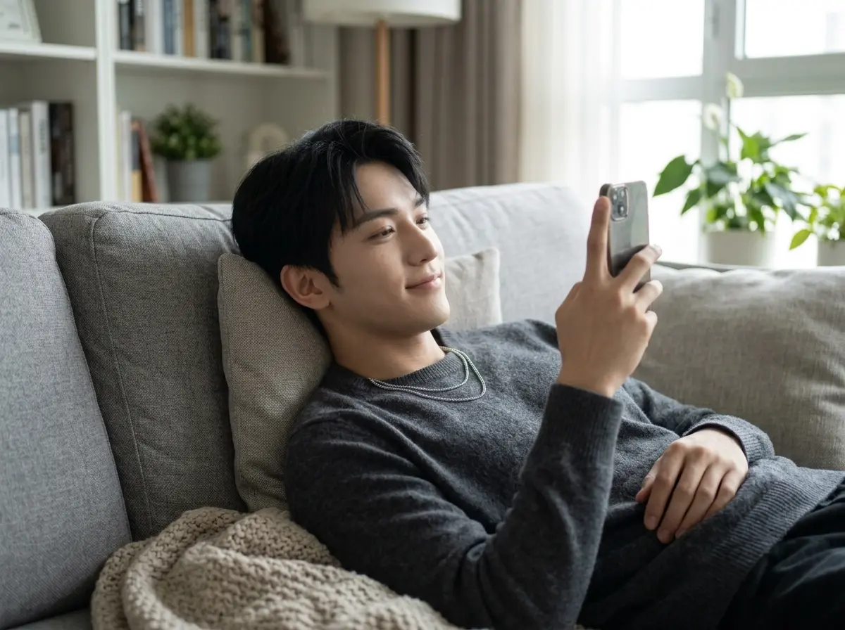 男性がソファーに寝転がりながらスマホ操作