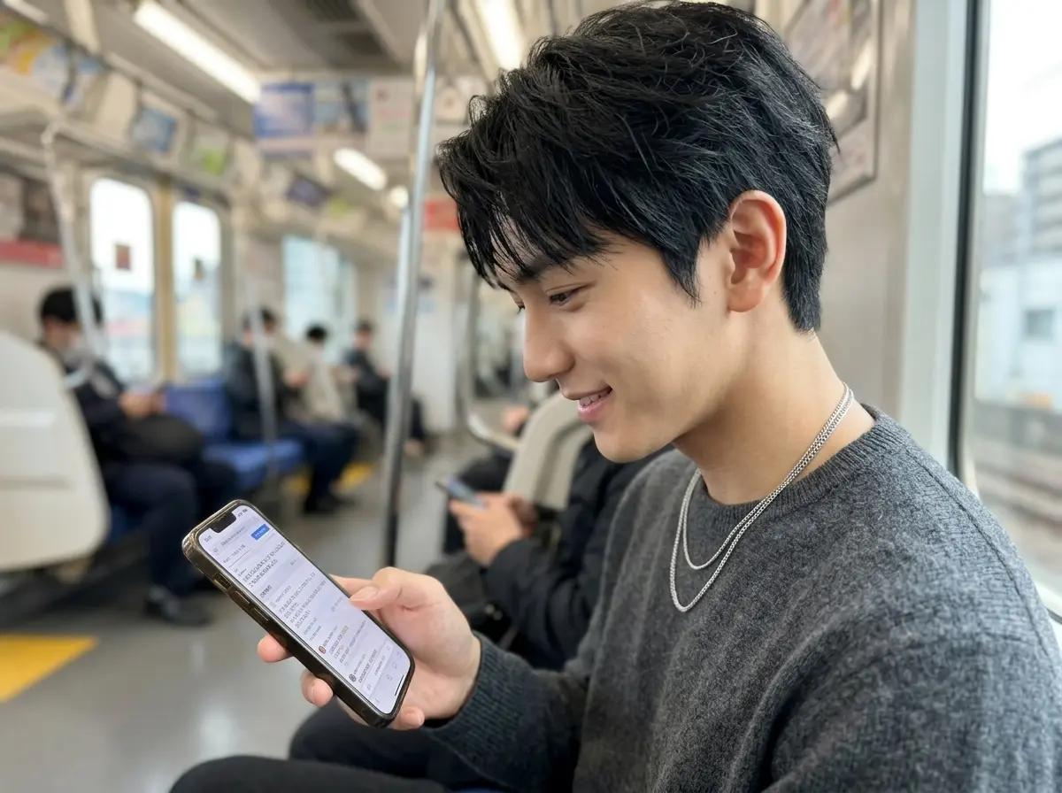電車の中でスマホを見ている男性