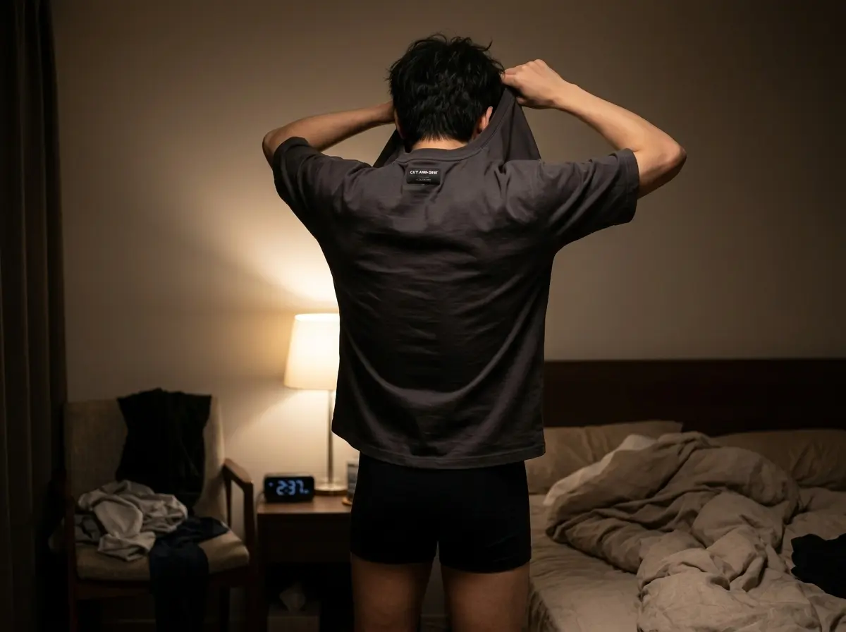男性が夜中に着替えてる様子