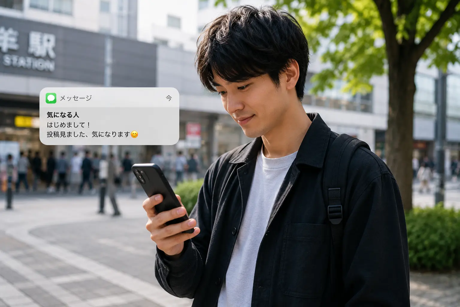 駅前や街中でスマホのメッセージを確認している成人男性