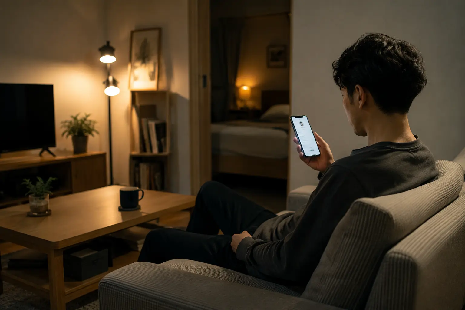 自分のプロフィールをスマホで読み返している男性