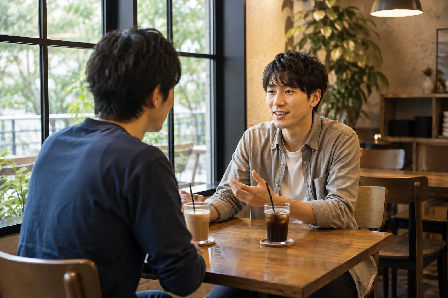 カフェや落ち着いた飲食店で向かい合って話している成人男性2人