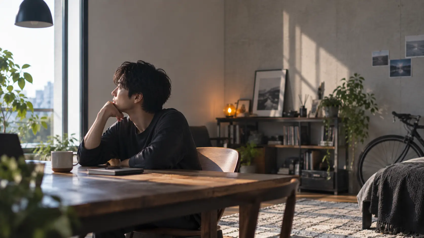 自宅や静かな場所で一人で過ごしながら、自分自身について考えている成人男性