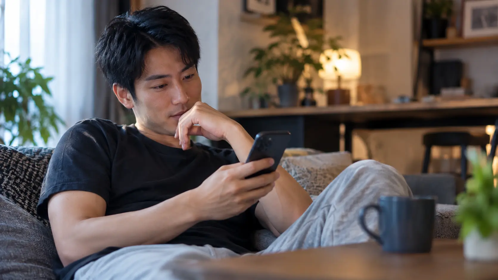 スマホで掲示板を見る成人男性